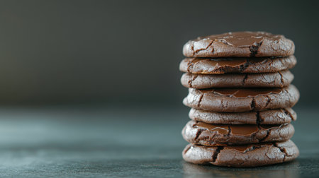 A stack of homemade chocolate cookies on a rustic surface, detailed photography with ample copy space for text or design, perfect for a cozy, sweet aestheticの素材