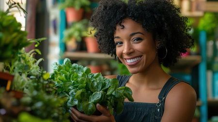 A small business owner, an attractive woman in her plant shop, smiling as she cares for her plants, surrounded by a vibrant, green interiorの素材