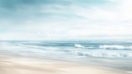A watercolor sandy beach scene, with soft hues of blue and beige, gentle waves, and the horizon meeting the sky in the distance.の素材