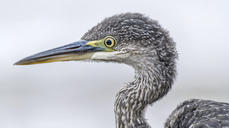 Close-up of a juvenile blue heron standing on a pier at Fish Haul Beach, against a serene ocean backdrop, with ample room for text or designの素材