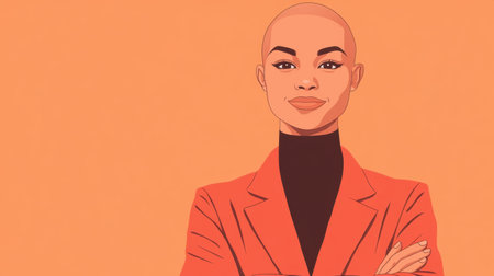 A strong, bald woman standing proudly, her smile showing courage and confidence, against a minimalist backgroundの素材
