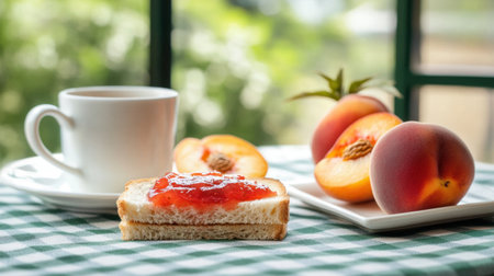 Breakfast scene featuring toast with strawberry jam, a ripe peach, and a cup of coffee on a tablecloth, offering space for text or design elementsの素材
