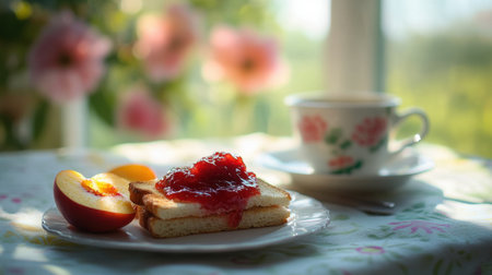 Breakfast table setting with toast topped with strawberry jam, peach slices, and a coffee cup, placed on a tablecloth with copy space for text or designの素材