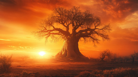 Baobab tree bathed in the warm glow of the setting sun, its ancient trunk standing tall against a brilliant orange horizonの素材