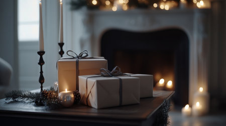 Christmas atmosphere with neatly tied packages, shimmering decorations, and the scent of fresh fir needles, glowing by the fireplaceの素材