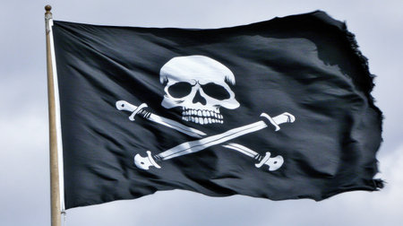 Close-up of a pirate flag symbol, white skull with crossed swords, fabric moving slightly against a moody gray skyの素材