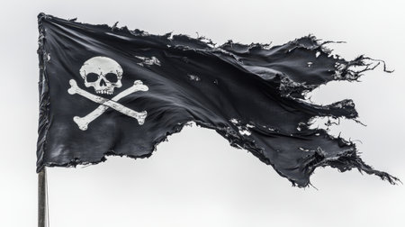 Close-up of a tattered pirate flag fluttering against a stormy sky, black fabric with skull and crossbones, evoking mystery and adventureの素材
