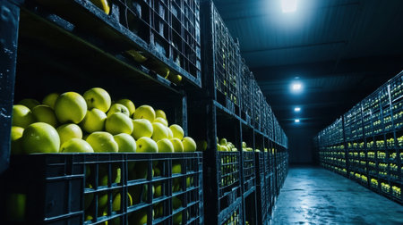 Crates packed with apples and pears in a cold storage facility, the fruits glistening under the controlled environment, ready for shippingの素材