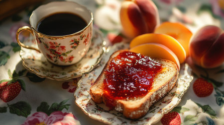 Close-up of toast with strawberry jam, peach slices, and a cup of coffee on a patterned tablecloth, with space for adding text or designの素材