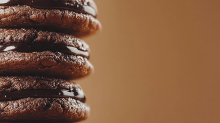 Close-up of stacked chocolate cookies, homemade and detailed, with space for adding text or design, creating a warm, inviting dessert sceneの素材