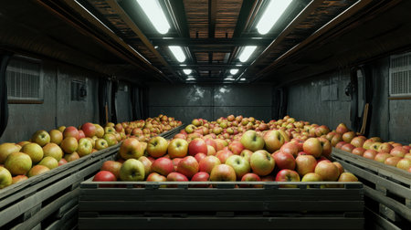 Cold storage interior with crates filled with apples and pears, ready for shipment, the fruits arranged neatly, the cool air preserving their freshnessの素材