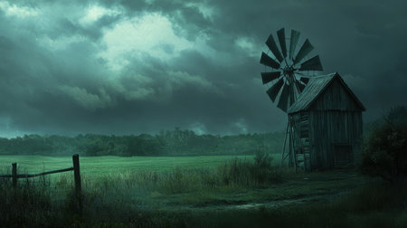 Farm landscape with an old wooden windmill surrounded by green fields, under a moody sky, offering plenty of space for text or design elementsの素材