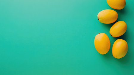 Flat lay of fresh mangoes on a vibrant colored background, offering ample copy space for text or design, evoking a tropical, fruity vibeの素材