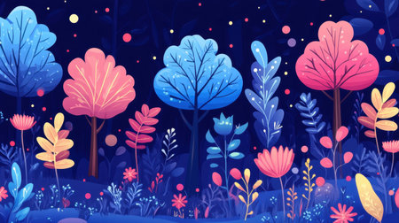 Flat vector-style game background with cartoon trees, forest elements, and bright colors, set in a whimsical woodland environment.の素材