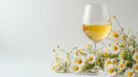 Elegant glass of white wine next to a bouquet of white and yellow flowers, against a clean white background, with open space for text or designの素材