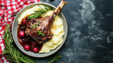Delicious braised lamb shank in red wine sauce with shallots and mashed potatoes, top view with room for copy or design elementsの素材