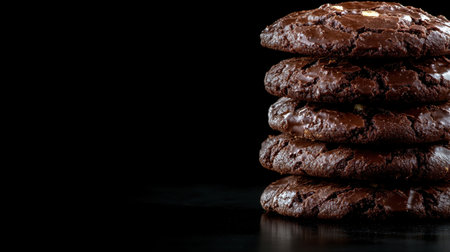 Homemade chocolate cookies stacked atop each other, detailed photography with empty space for text or design, highlighting rich textures and sweetnessの素材