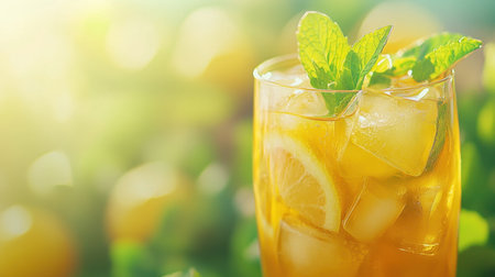 Lemon and mint-infused drink in a glass filled with ice cubes, against a soft summer backdrop, with copy space for text or designの素材