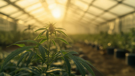Hemp leaves growing on a cannabis plant in a medicinal farm greenhouse, with space for healthcare or farming-related content and textの素材
