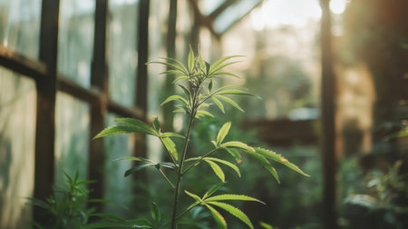 Hemp leaves growing on a cannabis plant in a medicinal farm greenhouse, with space for healthcare or farming-related content and textの素材