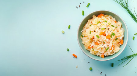 Homemade sauerkraut with carrots and green onions in a bowl on a light blue backdrop, with ample space for text or design, perfect for healthy, fermented food themesの素材