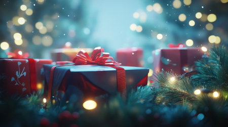 Hyper-realistic scene of Christmas packaging, with intricately wrapped gifts, pine branches, and twinkling lights setting a cozy holiday moodの素材