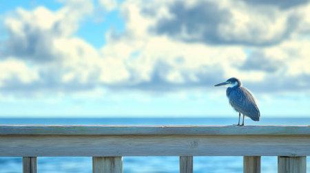 Juvenile blue heron perched on a wooden pier railing at Fish Haul Beach, with the bright ocean and sky in the background, offering space for text or designの素材