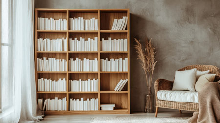 Light-filled living room with a tall wooden bookcase filled with white books, beige accents, and a minimalist grey wall in the background.の素材
