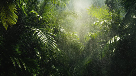 Heavy rain showering tree leaves in the jungle, with water droplets captured in motion, and space for adding text or design elementsの素材