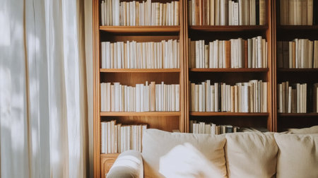 Light-filled living room with a tall wooden bookcase filled with white books, beige accents, and a minimalist grey wall in the background.の素材