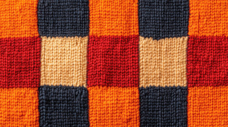 Knitted wool texture with a checkered pattern, close-up view, highlighting the craftsmanship of the stitchwork and soft fabric.の素材