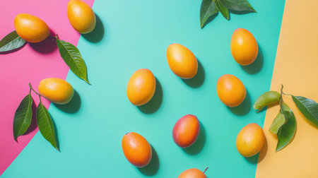 Mangoes arranged in a flat lay on a colorful background with empty space for design, highlighting freshness and tropical flavorsの素材
