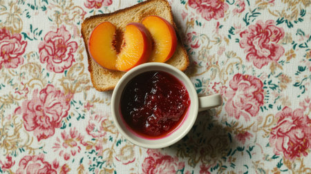 Close-up of toast with strawberry jam, peach slices, and a cup of coffee on a patterned tablecloth, with space for adding text or designの素材