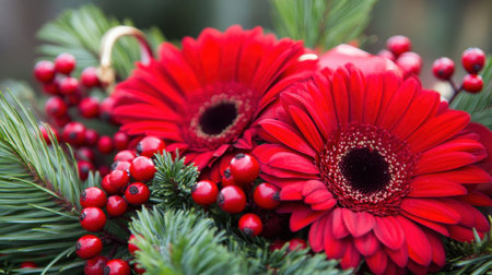 Christmas gift and red winter flowers arranged together, with plenty of copy space for text or design, evoking a festive holiday atmosphereの素材