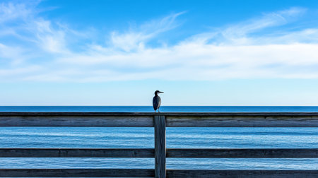 Juvenile blue heron perched on a wooden pier railing at Fish Haul Beach, with the bright ocean and sky in the background, offering space for text or designの素材