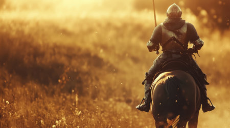 An armored knight on a horse, galloping across a battlefield, sword raised, metal gleaming under the bright sun as they ride into battleの素材