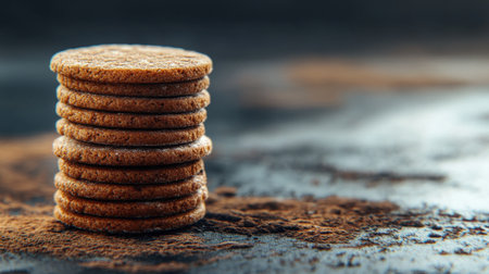 A stack of homemade chocolate cookies on a rustic surface, detailed photography with ample copy space for text or design, perfect for a cozy, sweet aestheticの素材