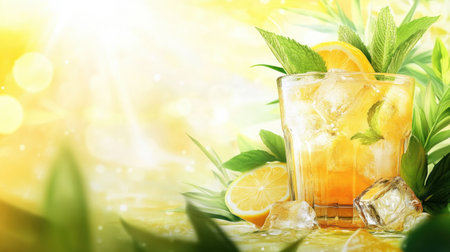 Glass of refreshing summer beverage with lemon, mint, and ice cubes, set against a bright background with space for text or design elementsの素材