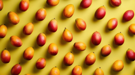 Flat lay of ripe mangoes on a vibrant background with open copy space for design, offering a tropical, juicy aesthetic for food conceptsの素材