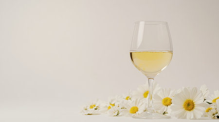 Glass of white wine beside delicate white and yellow flowers, set against a crisp white background with space for text or design elementsの素材