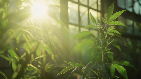 Marijuana plant growing under sunlight in a greenhouse, with lush green foliage and space for adding text or design for healthcare or medicinal purposesの素材