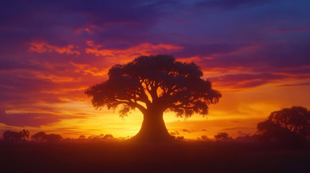The iconic shape of a baobab tree against a colorful sunset, the sky ablaze with warm tones as the day turns to nightの素材