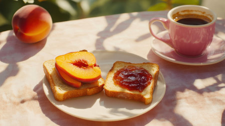 Two slices of jam-covered toast with peach and coffee on a tablecloth, surrounded by soft morning light, with open copy space for text or designの素材