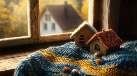 Small wooden house figurines rest on a knitted blue and yellow blanket on a windowsill, illuminated by the warm sunlight.の素材