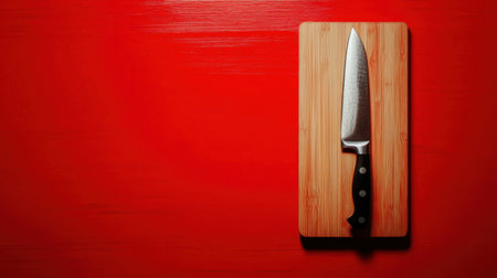 Top-view of cutting board and knife on red wooden table, ideal for showcasing food or kitchen-related content with plenty of space for text or designの素材