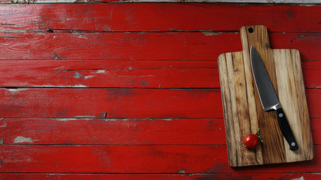 Simple setup of a cutting board and knife on a red wooden background, perfect for product placement or recipe instructions, with copy spaceの素材