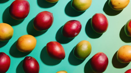 Mangoes in a creative flat lay on a colored backdrop, with plenty of space for text, ideal for a tropical, fresh themeの素材