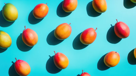 Top view of juicy mangoes scattered on a bright colored background, perfect for adding text or design elements, with a fresh, tropical appealの素材