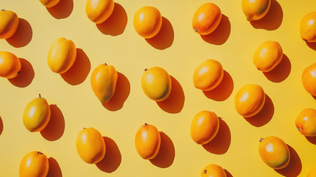 Top view of juicy mangoes scattered on a bright colored background, perfect for adding text or design elements, with a fresh, tropical appealの素材