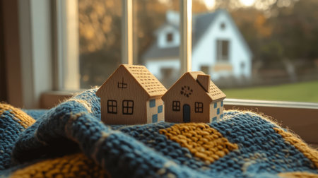 Small wooden house figurines rest on a knitted blue and yellow blanket on a windowsill, illuminated by the warm sunlight.の素材
